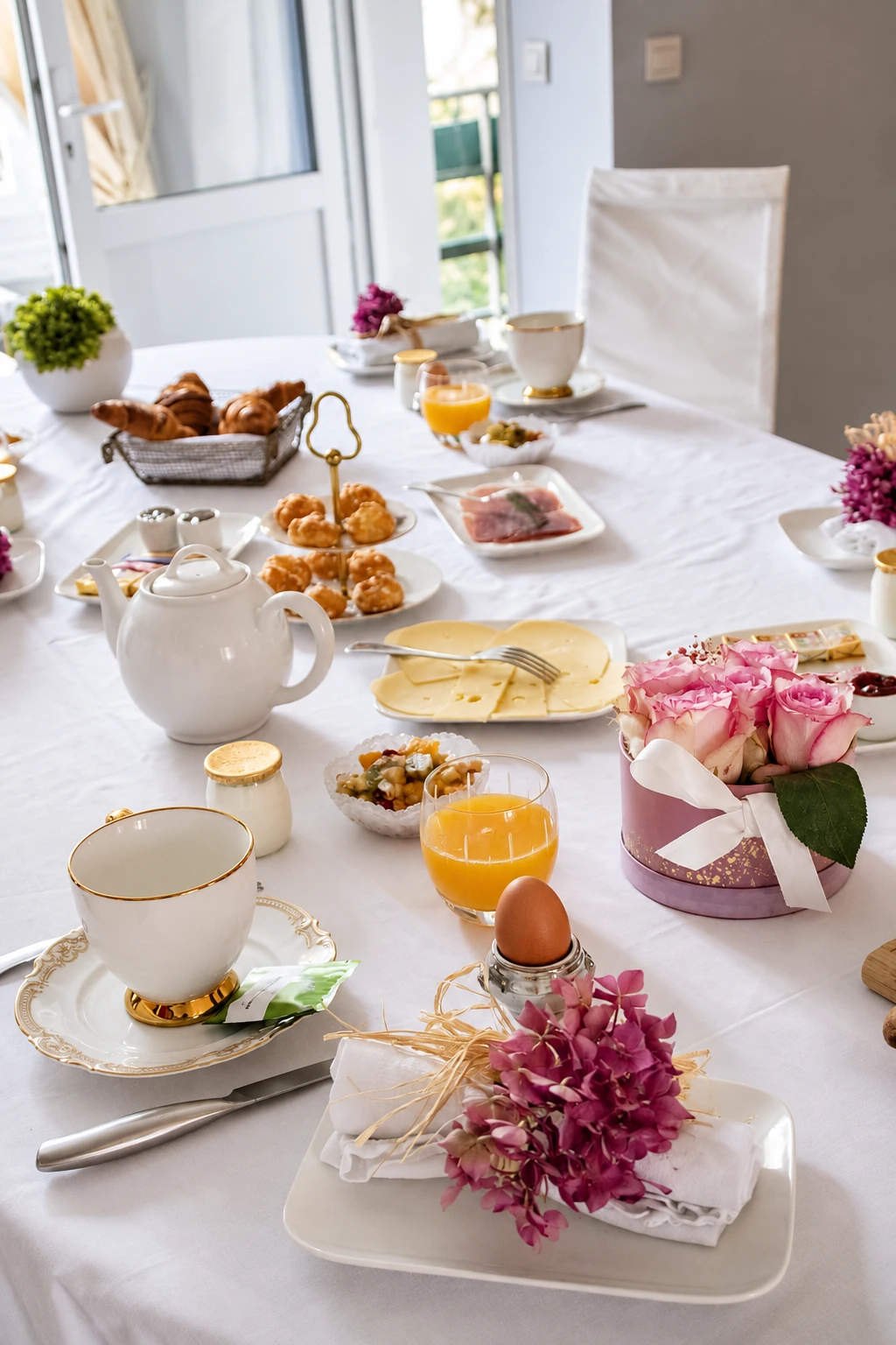 La grande table du petit-déjeuner avec viennoiseries, pain, fruits et boissons